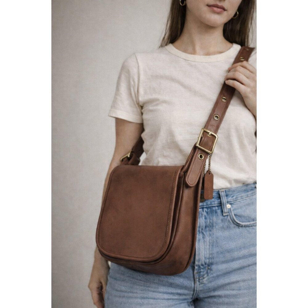 Vintage Coach Brown Leather Crossbody Bag USA Made Saddle Flap Brass Hardware